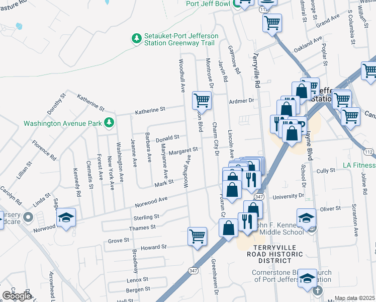 map of restaurants, bars, coffee shops, grocery stores, and more near 280 Woodhull Avenue in Port Jefferson Station
