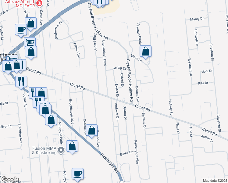 map of restaurants, bars, coffee shops, grocery stores, and more near 321 Canal Road in Port Jefferson Station