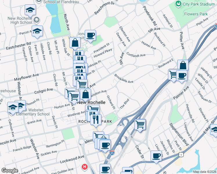 map of restaurants, bars, coffee shops, grocery stores, and more near 82 Hamilton Avenue in New Rochelle