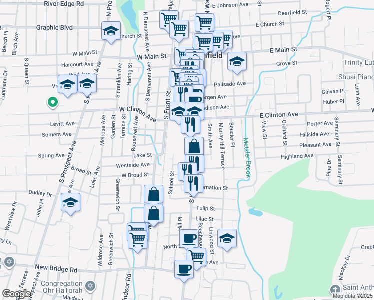 map of restaurants, bars, coffee shops, grocery stores, and more near 71 School Street in Bergenfield
