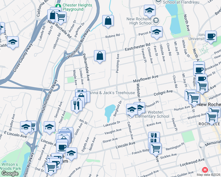 map of restaurants, bars, coffee shops, grocery stores, and more near 10 Gloucester Place in New Rochelle