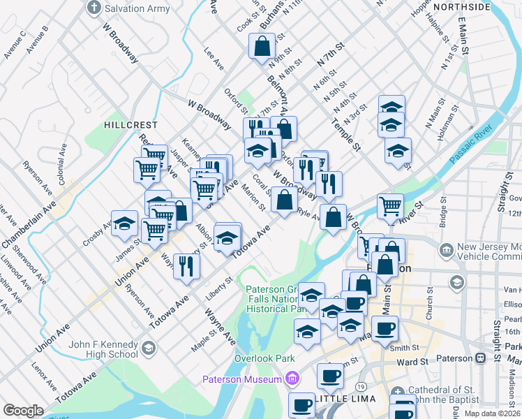 map of restaurants, bars, coffee shops, grocery stores, and more near 100 Kearney Street in Paterson