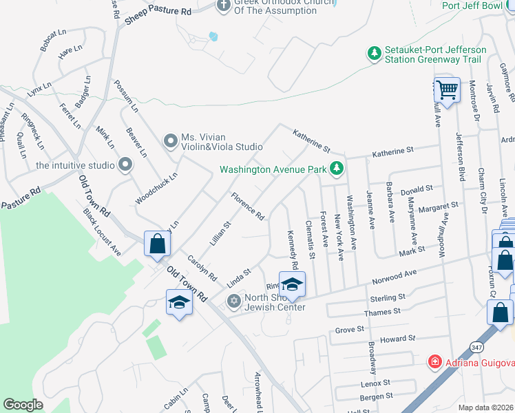 map of restaurants, bars, coffee shops, grocery stores, and more near 2 Paul Street in Port Jefferson Station