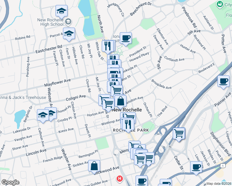 map of restaurants, bars, coffee shops, grocery stores, and more near 576 North Avenue in New Rochelle