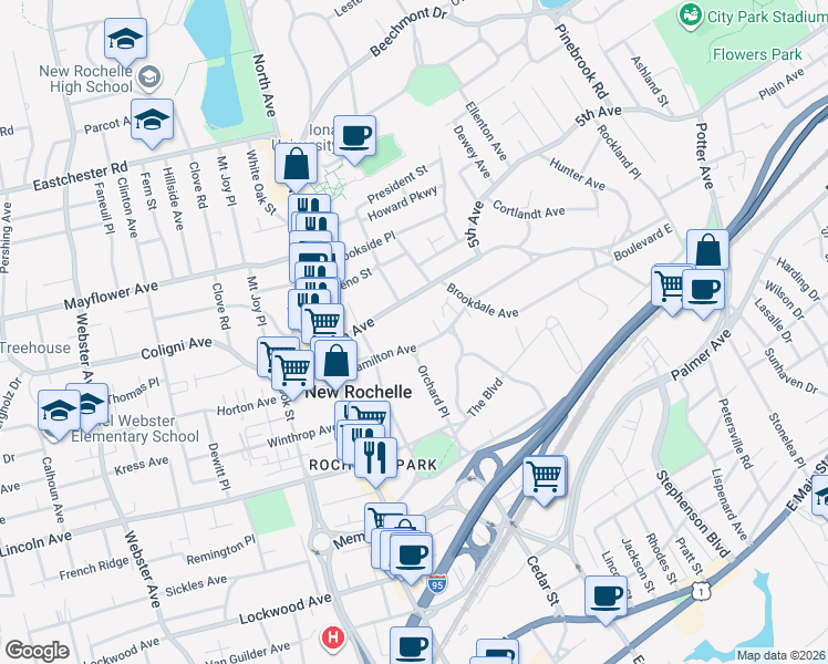 map of restaurants, bars, coffee shops, grocery stores, and more near 82 Hamilton Avenue in New Rochelle
