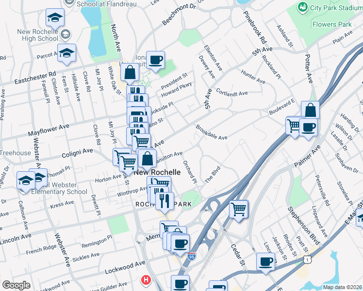 map of restaurants, bars, coffee shops, grocery stores, and more near 82 Hamilton Avenue in New Rochelle