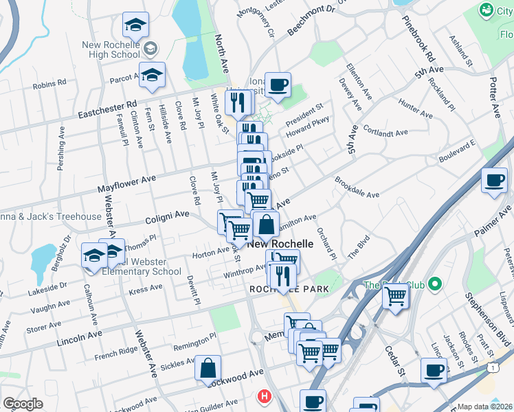 map of restaurants, bars, coffee shops, grocery stores, and more near 576 North Avenue in New Rochelle