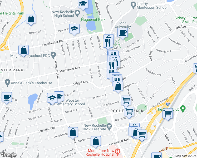 map of restaurants, bars, coffee shops, grocery stores, and more near 7 Clove Road in New Rochelle