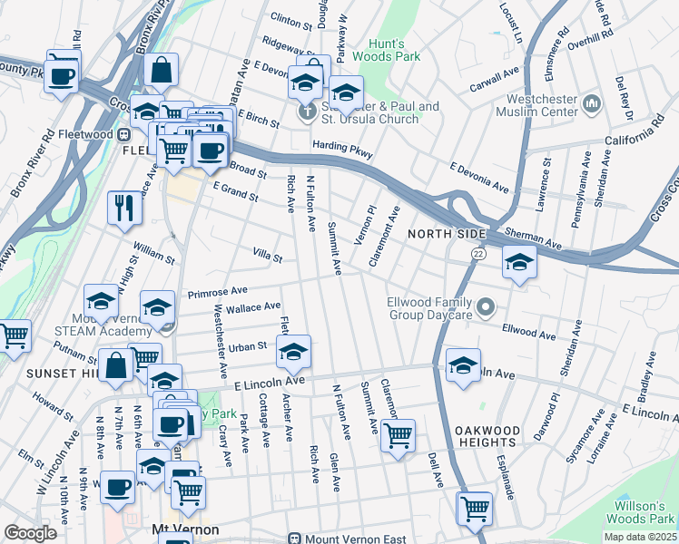 map of restaurants, bars, coffee shops, grocery stores, and more near 296 Summit Avenue in Mount Vernon