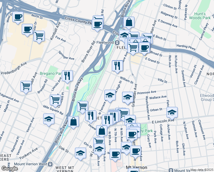 map of restaurants, bars, coffee shops, grocery stores, and more near 506 Locust Street in Mount Vernon