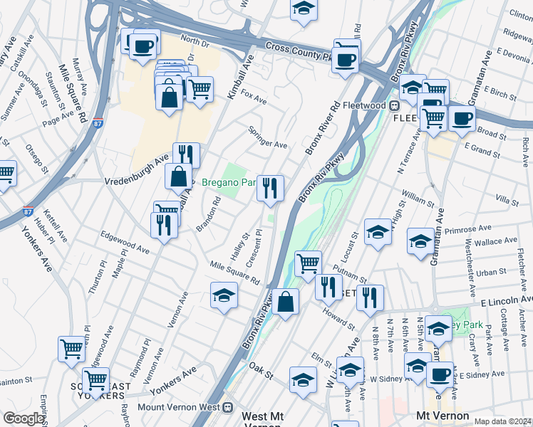 map of restaurants, bars, coffee shops, grocery stores, and more near 176 Crescent Place in Yonkers