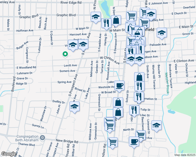map of restaurants, bars, coffee shops, grocery stores, and more near 101 Lake Street in Bergenfield