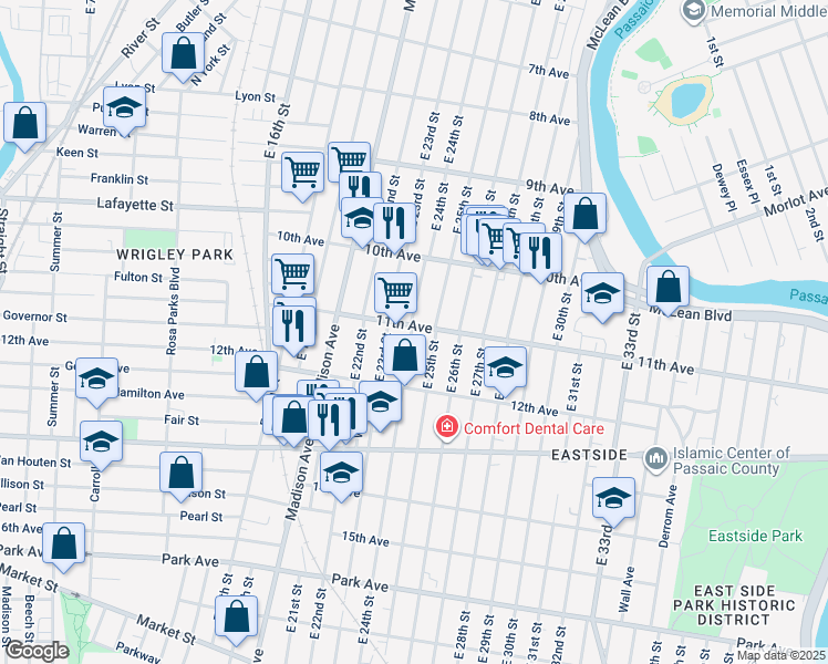 map of restaurants, bars, coffee shops, grocery stores, and more near 545 East 24th Street in Paterson