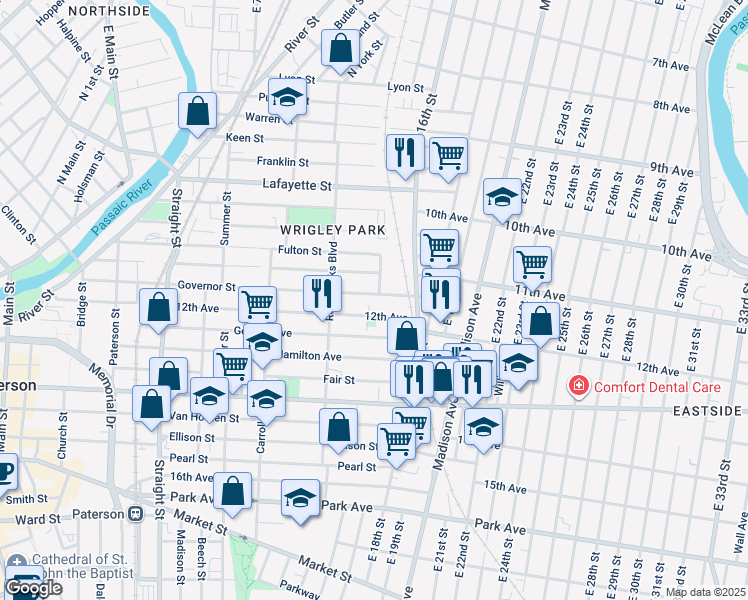 map of restaurants, bars, coffee shops, grocery stores, and more near 191 12th Avenue in Paterson