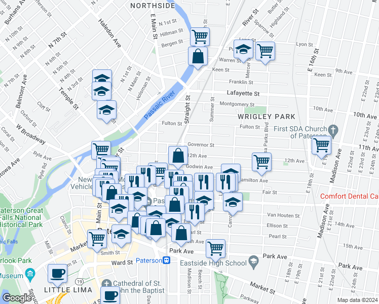 map of restaurants, bars, coffee shops, grocery stores, and more near 107 Straight Street in Paterson