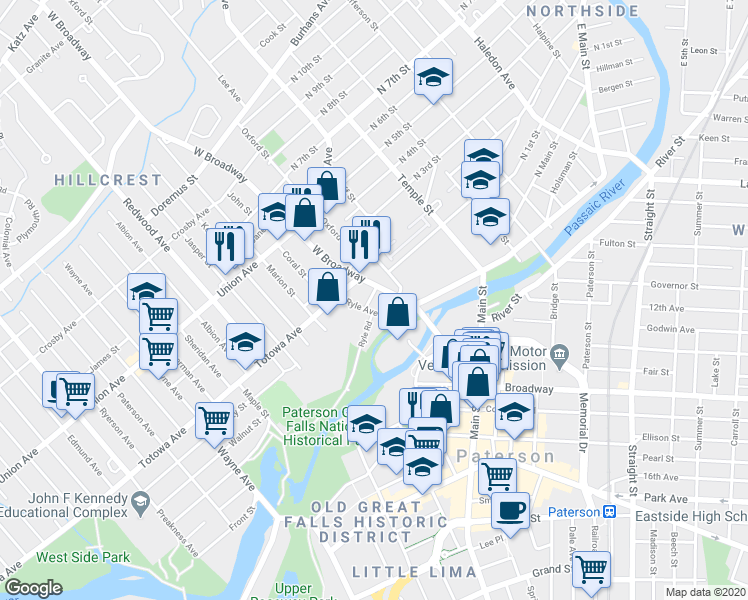 map of restaurants, bars, coffee shops, grocery stores, and more near 27 Ryle Avenue in Paterson