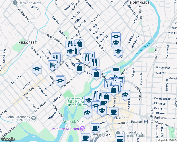 map of restaurants, bars, coffee shops, grocery stores, and more near 30 Ryle Avenue in Paterson