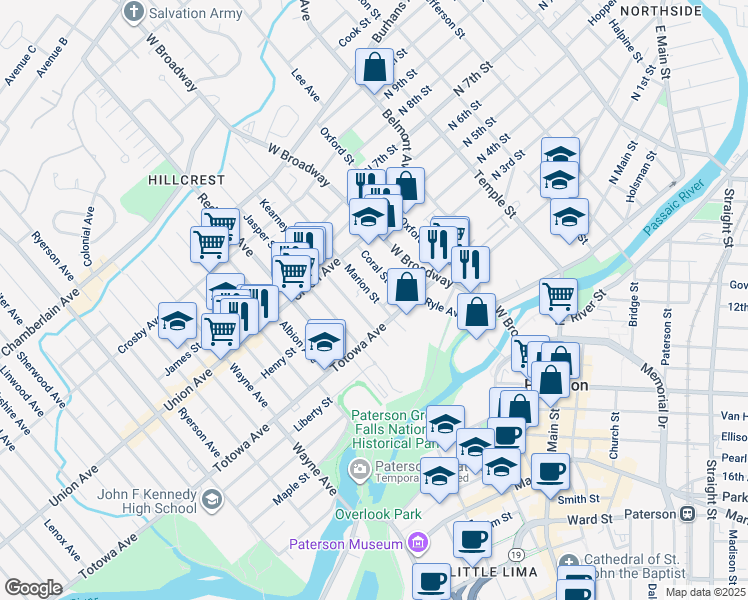 map of restaurants, bars, coffee shops, grocery stores, and more near 100 Kearney Street in Paterson