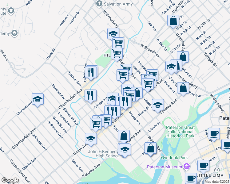 map of restaurants, bars, coffee shops, grocery stores, and more near 224 1/2 226 Wayne Avenue in Paterson