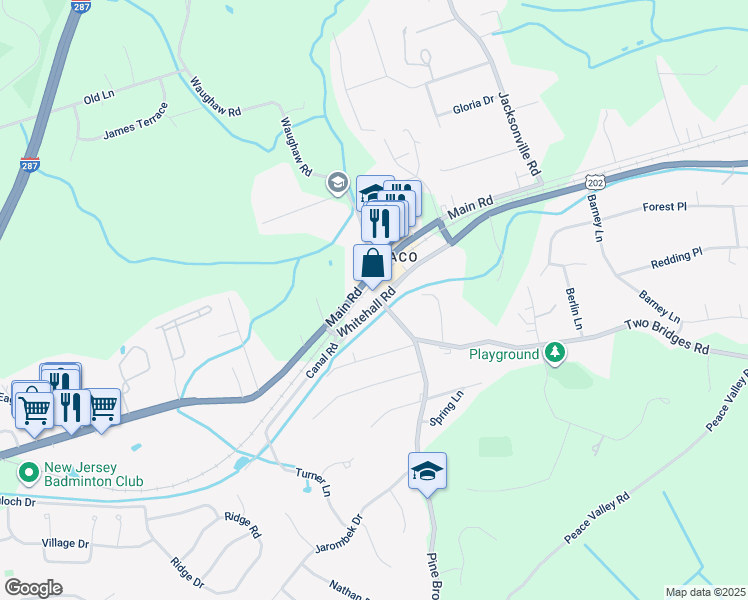 map of restaurants, bars, coffee shops, grocery stores, and more near 5 Whitehall Road in Montville