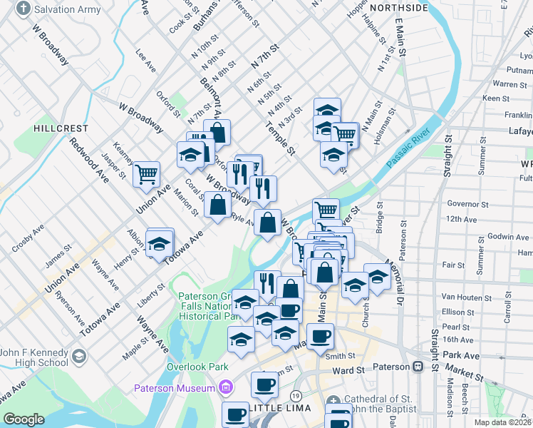 map of restaurants, bars, coffee shops, grocery stores, and more near 63 Ryle Avenue in Paterson
