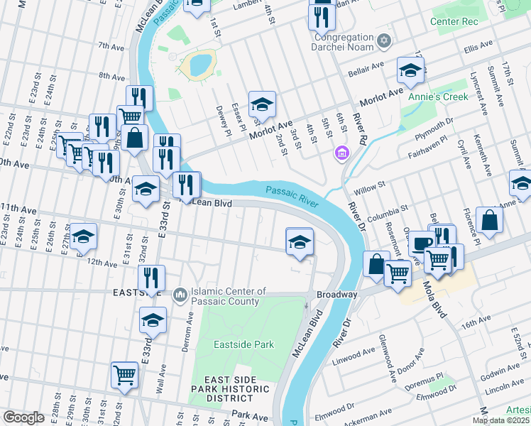 map of restaurants, bars, coffee shops, grocery stores, and more near 39 East 39th Street in Paterson