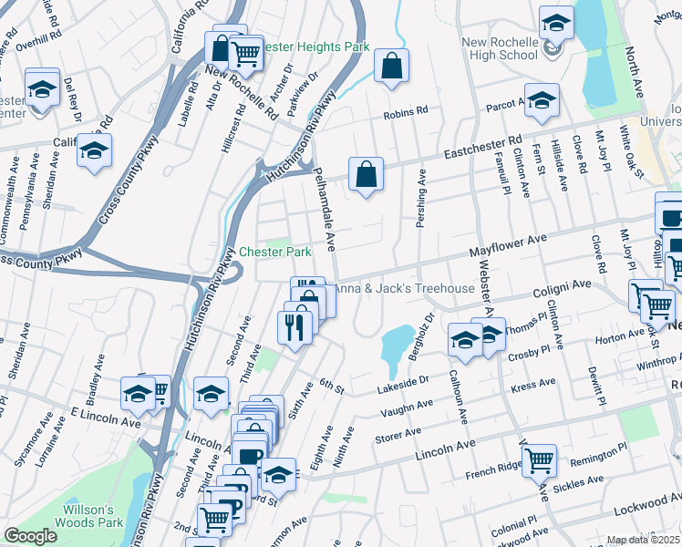 map of restaurants, bars, coffee shops, grocery stores, and more near 369 Mayflower Avenue in New Rochelle