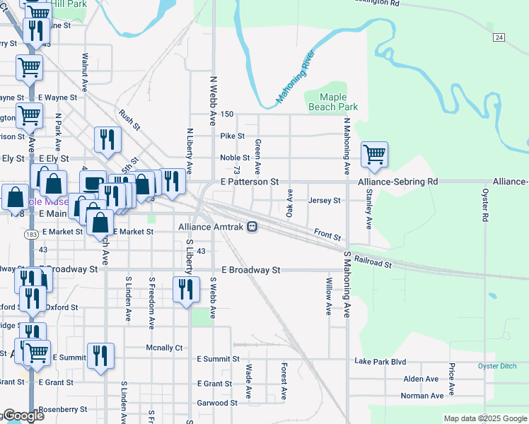 map of restaurants, bars, coffee shops, grocery stores, and more near 1036 Front Street in Alliance