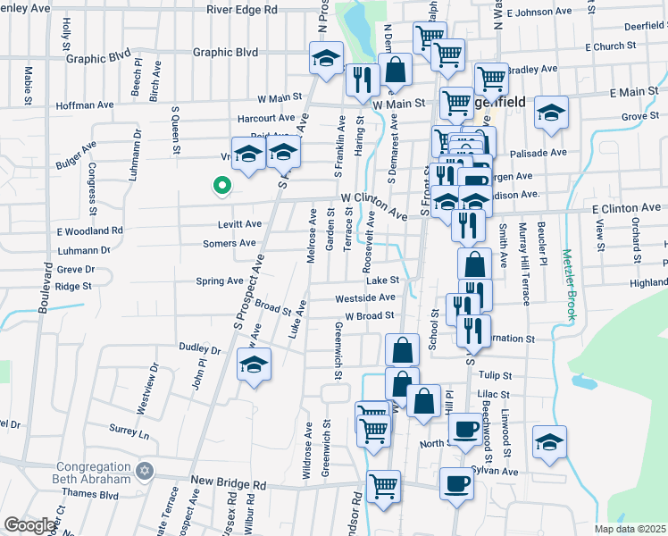 map of restaurants, bars, coffee shops, grocery stores, and more near 101 Lake Street in Bergenfield