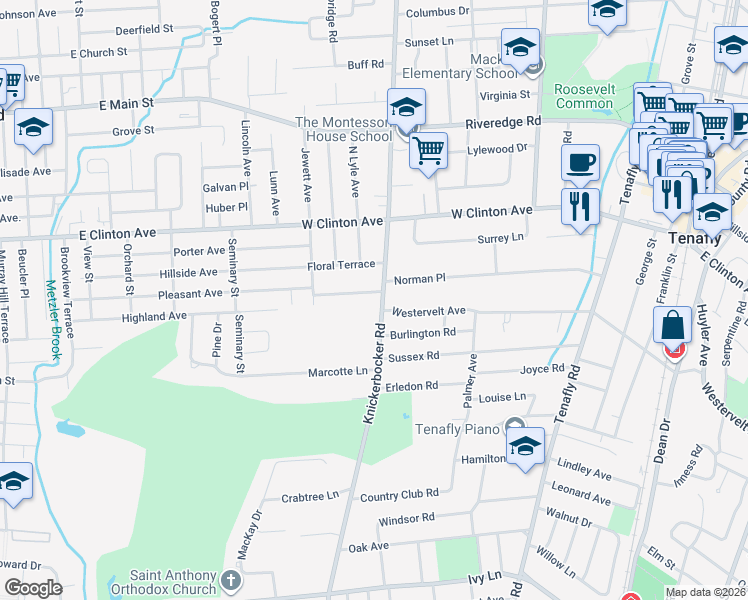 map of restaurants, bars, coffee shops, grocery stores, and more near 277 Knickerbocker Road in Tenafly