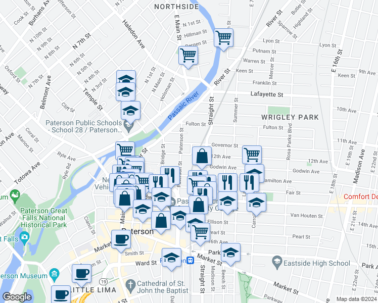 map of restaurants, bars, coffee shops, grocery stores, and more near 73 Tyler Street in Paterson