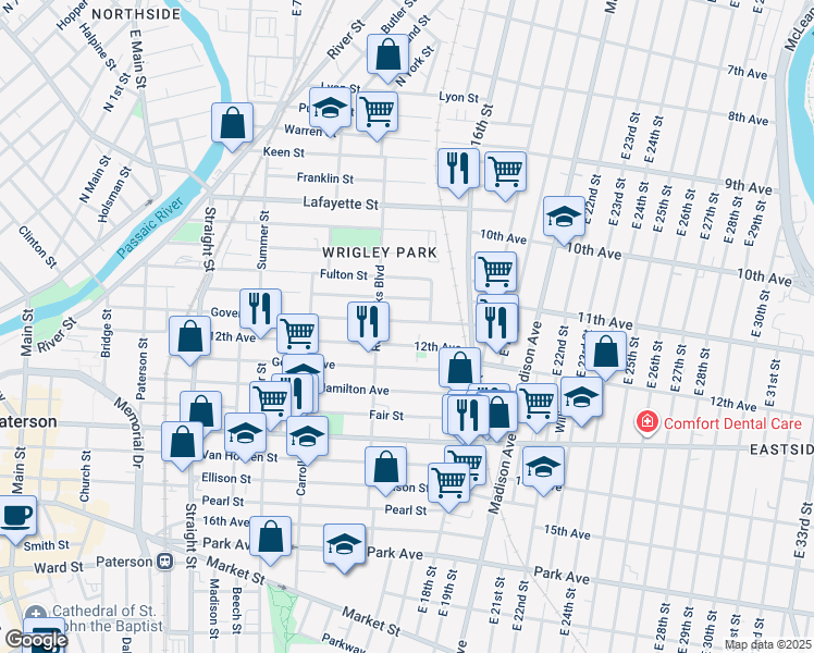 map of restaurants, bars, coffee shops, grocery stores, and more near 260 Governor Street in Paterson
