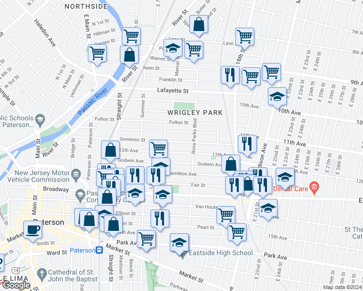 map of restaurants, bars, coffee shops, grocery stores, and more near 210 Governor Street in Paterson