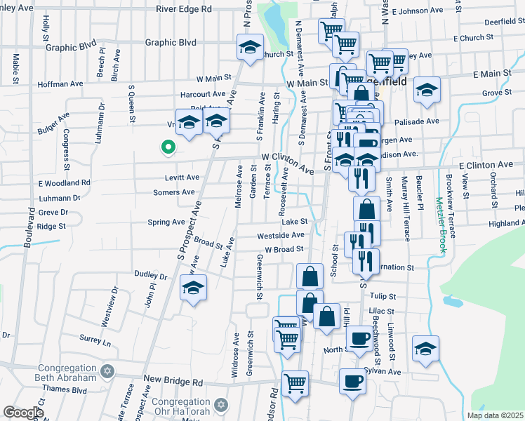 map of restaurants, bars, coffee shops, grocery stores, and more near 67 Lake Street in Bergenfield