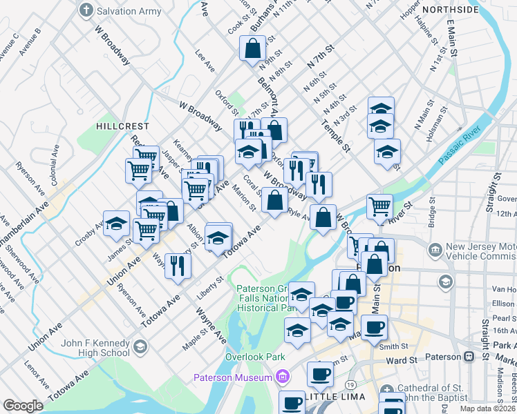 map of restaurants, bars, coffee shops, grocery stores, and more near 100 Kearney Street in Paterson
