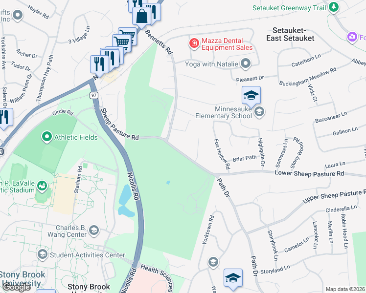 map of restaurants, bars, coffee shops, grocery stores, and more near 127 Lower Sheep Pasture Road in Setauket- East Setauket