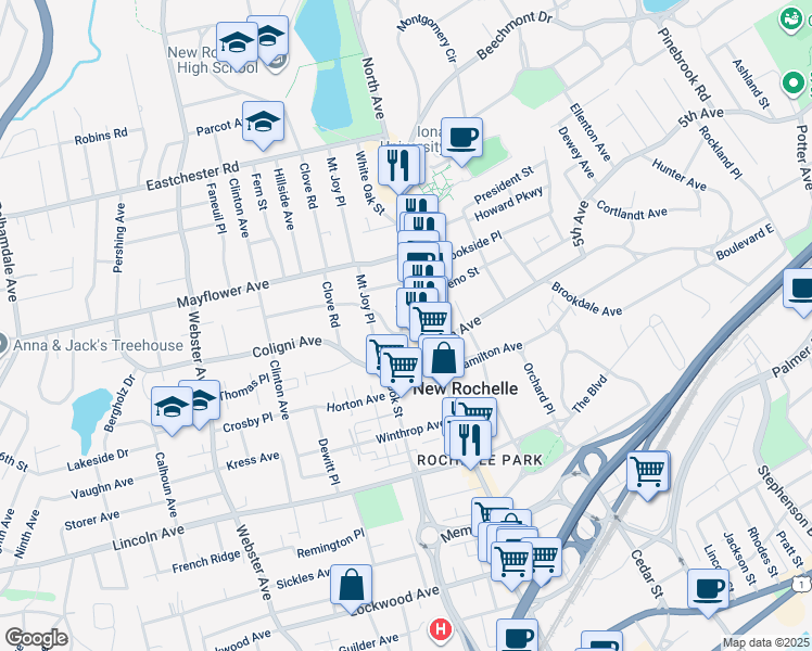 map of restaurants, bars, coffee shops, grocery stores, and more near 576 North Avenue in New Rochelle