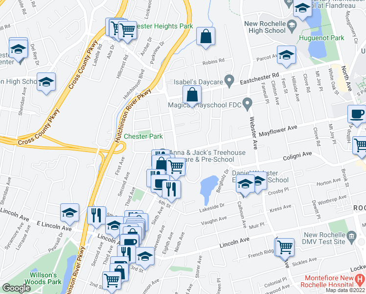 map of restaurants, bars, coffee shops, grocery stores, and more near 1 Glencar Avenue in New Rochelle