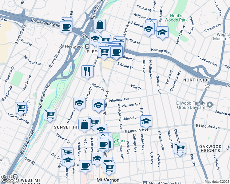 map of restaurants, bars, coffee shops, grocery stores, and more near 26 Kenyon Place in Mount Vernon