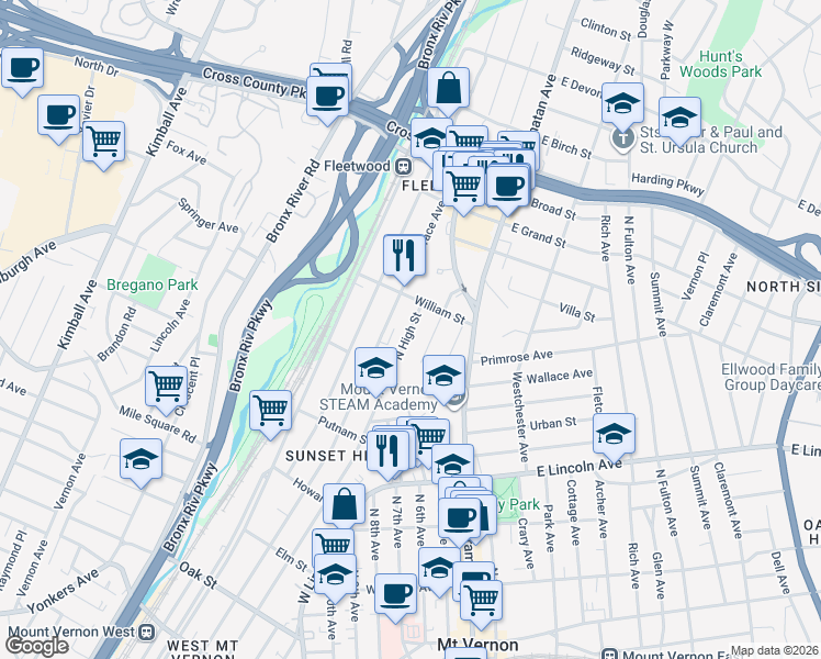 map of restaurants, bars, coffee shops, grocery stores, and more near 27 Linden Avenue in Mount Vernon