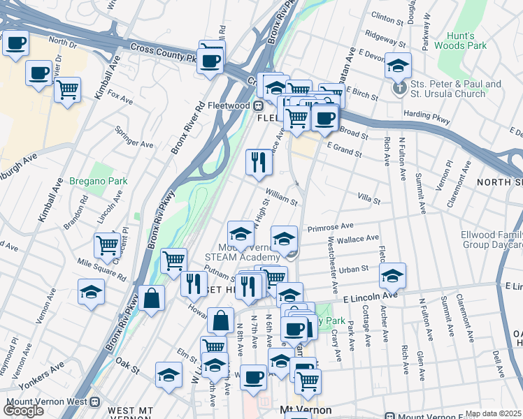map of restaurants, bars, coffee shops, grocery stores, and more near 517 North Terrace Avenue in Mount Vernon
