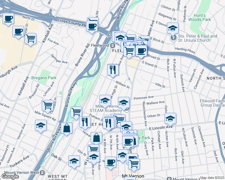 map of restaurants, bars, coffee shops, grocery stores, and more near 517 North Terrace Avenue in Mount Vernon