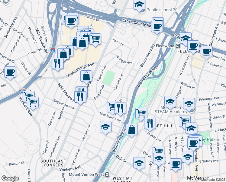 map of restaurants, bars, coffee shops, grocery stores, and more near 61 Lincoln Avenue in Yonkers