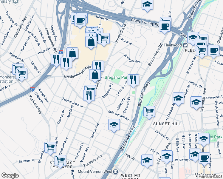 map of restaurants, bars, coffee shops, grocery stores, and more near 7 Virginia Street in Yonkers