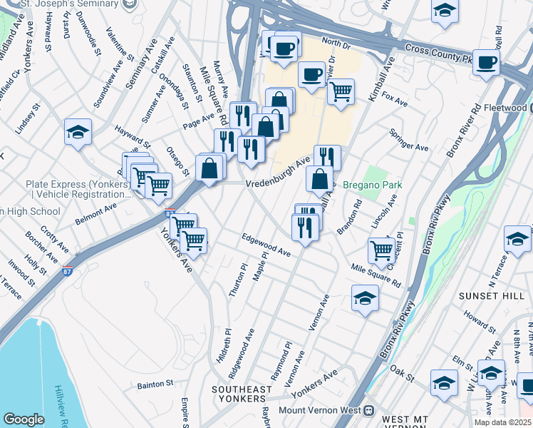 map of restaurants, bars, coffee shops, grocery stores, and more near 3 Byron Avenue in Yonkers