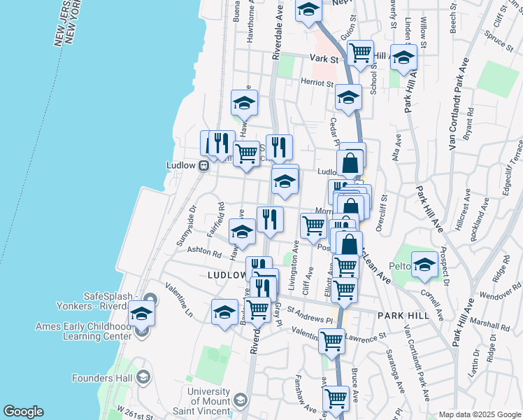 map of restaurants, bars, coffee shops, grocery stores, and more near 37 Purser Place in Yonkers