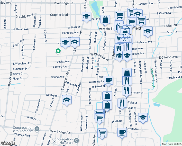 map of restaurants, bars, coffee shops, grocery stores, and more near 67 Lake Street in Bergenfield