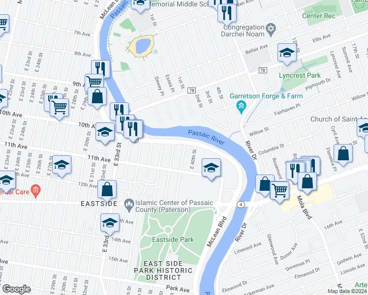 map of restaurants, bars, coffee shops, grocery stores, and more near 26-40 East 39th Street in Paterson