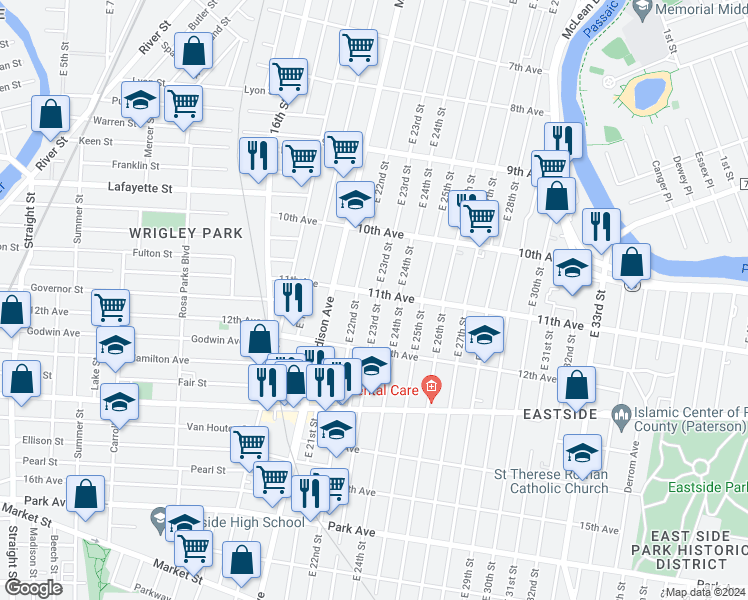 map of restaurants, bars, coffee shops, grocery stores, and more near 556 East 23rd Street in Paterson