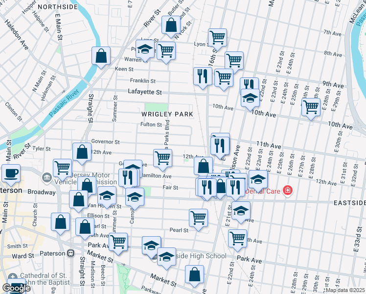 map of restaurants, bars, coffee shops, grocery stores, and more near 191 12th Avenue in Paterson